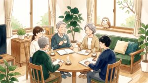 日差しの入るリビングで家族がテーブルを囲み、お茶を飲みながらノートを広げて話し合う水彩画。窓辺のふくろうが見守っている