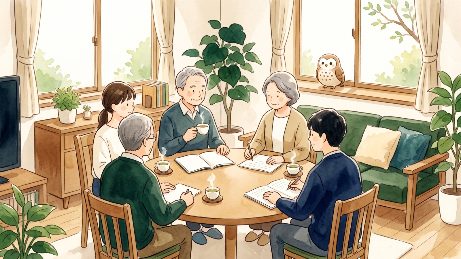 日差しの入るリビングで家族がテーブルを囲み、お茶を飲みながらノートを広げて話し合う水彩画。窓辺のふくろうが見守っている