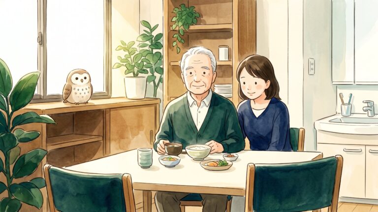 明るいダイニングで背すじを伸ばして食卓につく高齢の男性と、そばで見守る家族。窓辺にはふくろうがいる水彩画風のイラスト