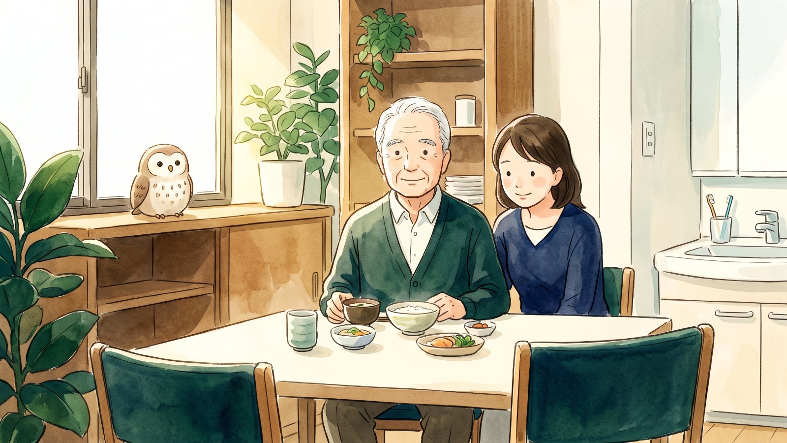 明るいダイニングで背すじを伸ばして食卓につく高齢の男性と、そばで見守る家族。窓辺にはふくろうがいる水彩画風のイラスト