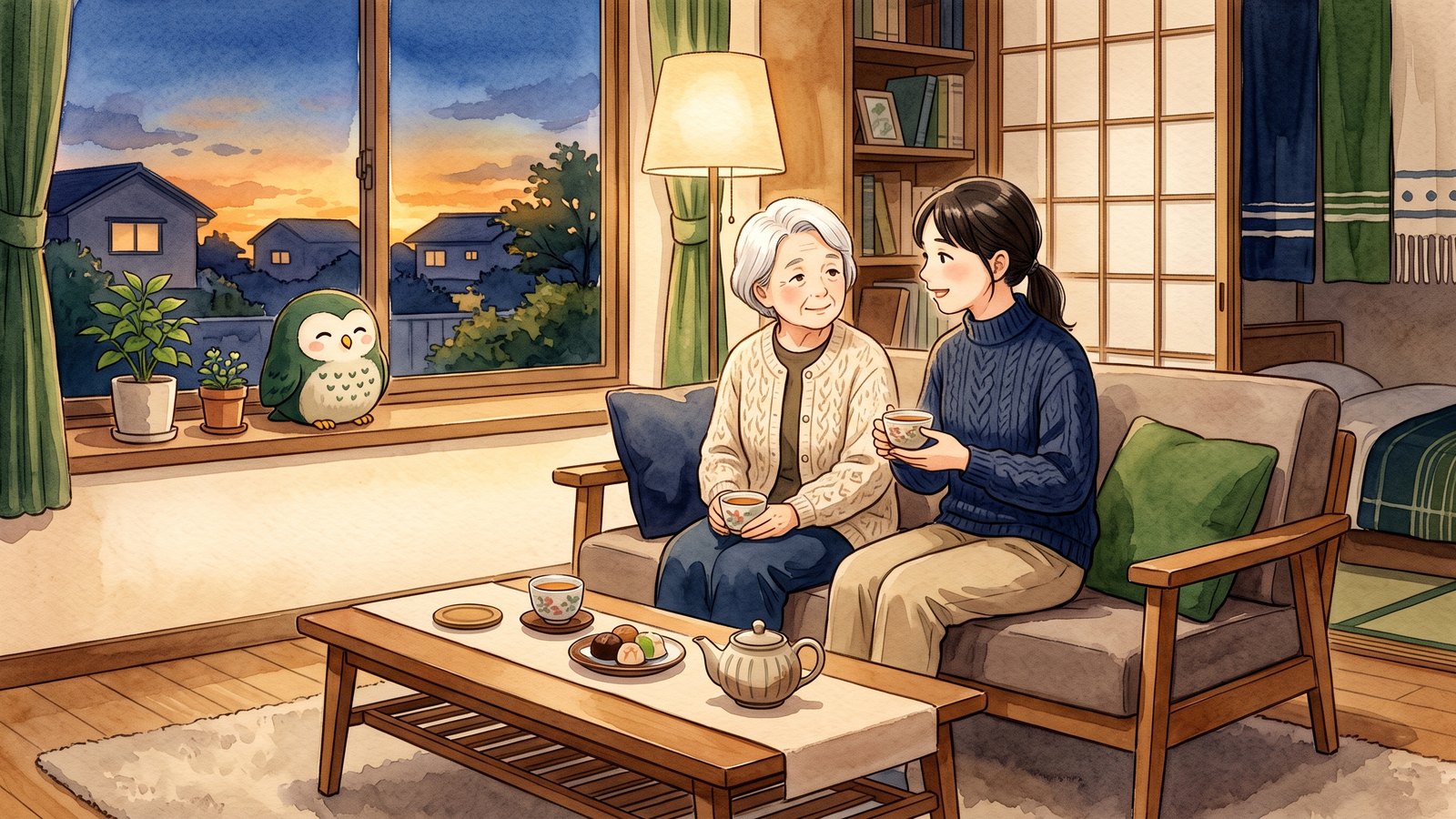 夕方の居間で、年配の女性と家族がソファに並んでお茶を飲みながら穏やかに話している水彩イラスト。窓辺にふくろうがいる