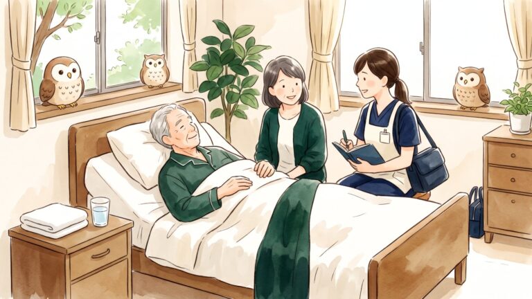 明るい寝室で、ベッドで穏やかに休む高齢の方のそばで家族と訪問看護師がやさしく話し、窓辺のふくろうたちが見守る水彩イラスト