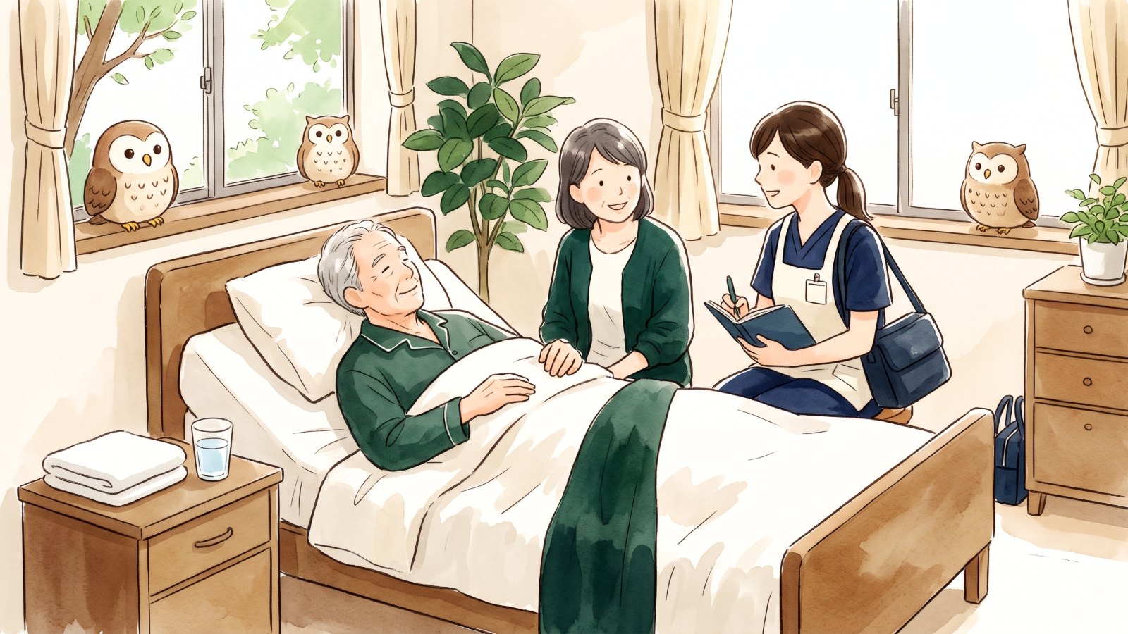 明るい寝室で、ベッドで穏やかに休む高齢の方のそばで家族と訪問看護師がやさしく話し、窓辺のふくろうたちが見守る水彩イラスト