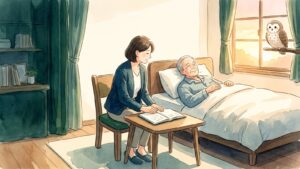 夕方の光が差す部屋で、仕事帰りの娘がベッドでくつろぐ父のそばで手帳を広げて話し、窓辺のふくろうが見守る水彩イラスト