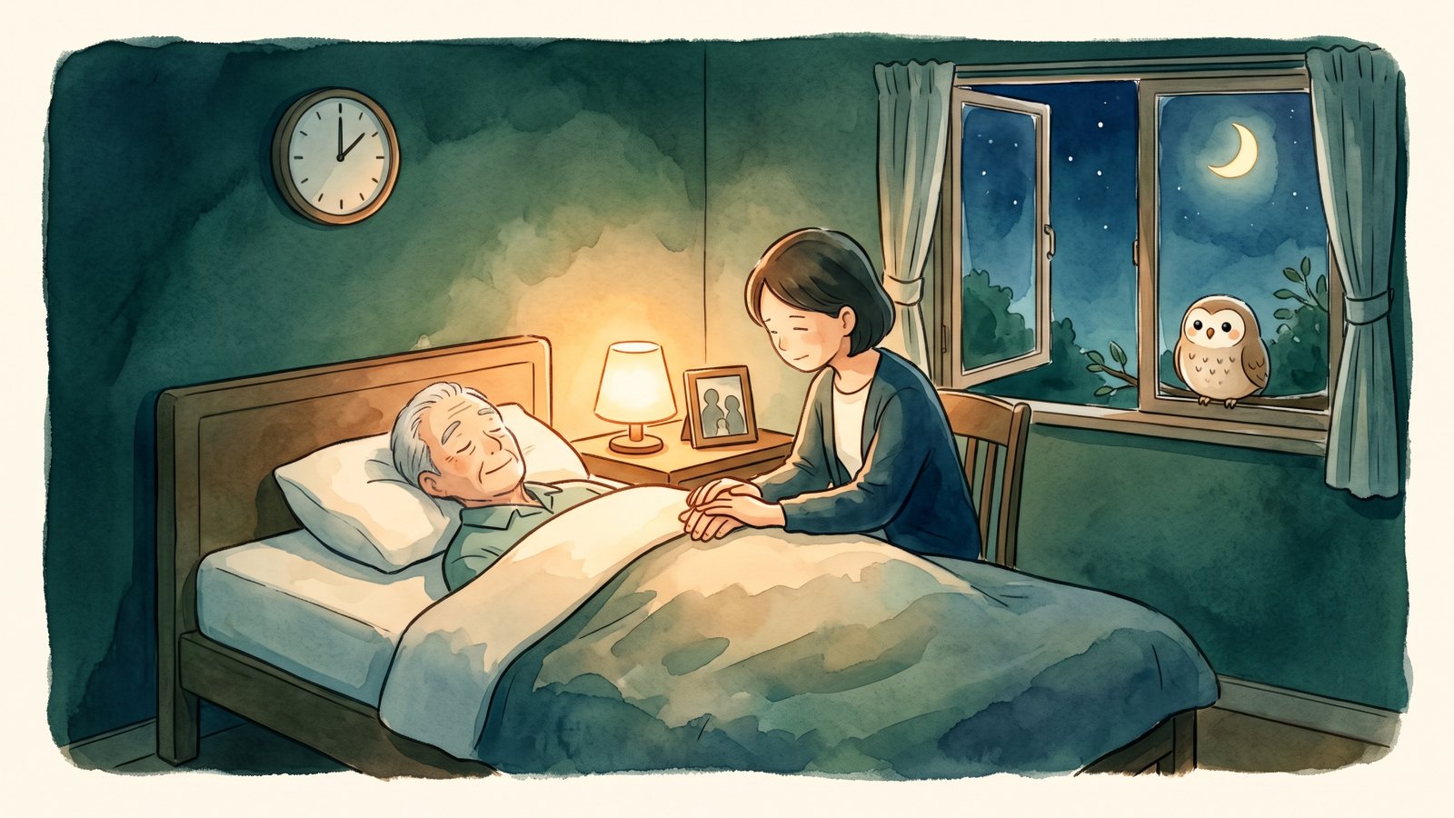 夜の寝室で、やわらかな灯りの中、ベッドで休む高齢の家族の手に家族がそっと手を添えている水彩画。窓辺には月とふくろう