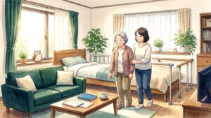 退院した高齢の母親が娘に寄り添われて、介護用ベッドと手すりが用意された明るい自宅の居間に戻ってきた水彩イラスト。窓辺にふくろうがとまっている