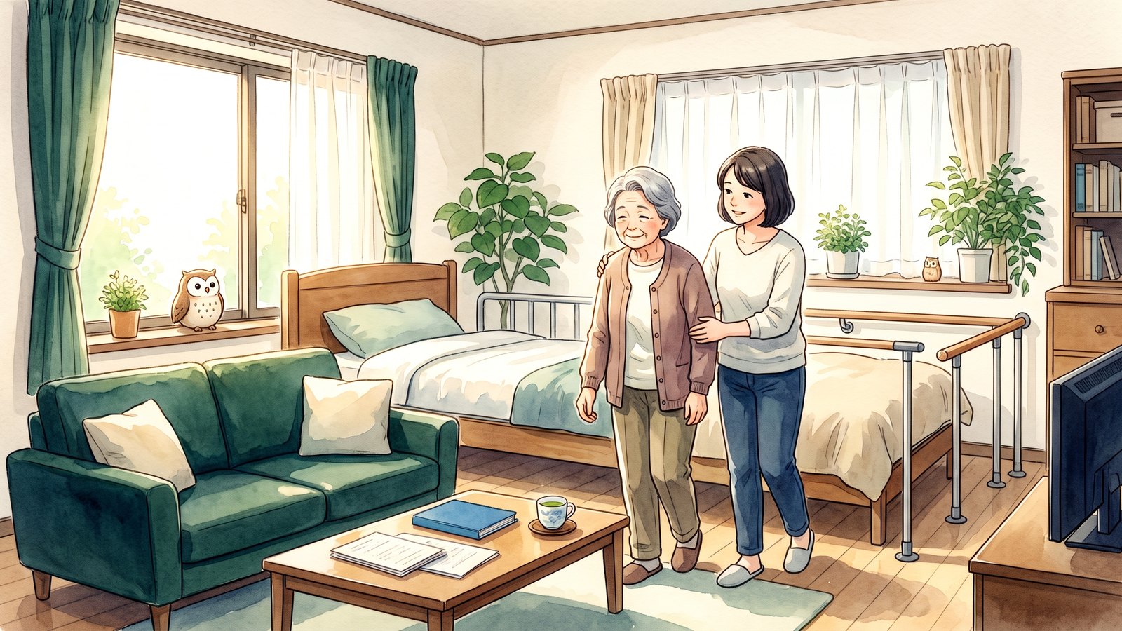 退院した高齢の母親が娘に寄り添われて、介護用ベッドと手すりが用意された明るい自宅の居間に戻ってきた水彩イラスト。窓辺にふくろうがとまっている