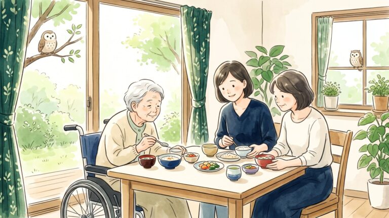 明るい窓辺の食卓で、高齢の親と家族が一緒にゆっくり食事をしている水彩イラスト。窓の外の木の枝と窓辺にふくろうがとまっている