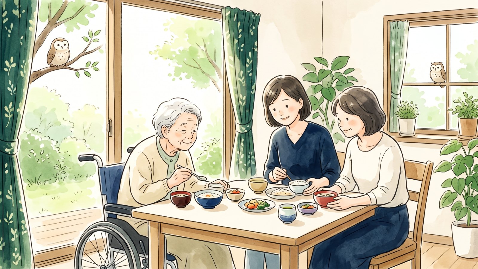 明るい窓辺の食卓で、高齢の親と家族が一緒にゆっくり食事をしている水彩イラスト。窓の外の木の枝と窓辺にふくろうがとまっている