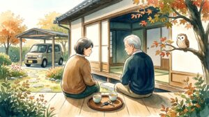 秋の庭先、縁側に並んで座り湯のみと車の鍵を前に話し合う高齢の親と子どもを、木の枝のふくろうが見守る水彩イラスト