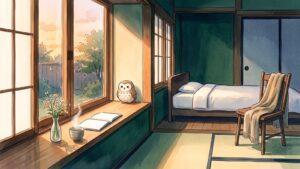夕方の光が差し込む和室の窓辺にふくろうがとまり、花と湯のみ、ノート、整えられたベッドと椅子のある静かな部屋を見守る水彩イラスト