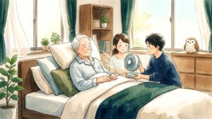 窓辺の光が入る部屋で、背を起こしたベッドの高齢の方に家族が卓上扇風機でやさしく風を送り、棚の上のふくろうが見守る水彩イラスト