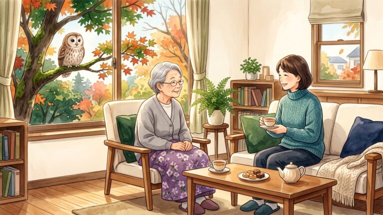 秋の午後、自宅の窓辺で高齢の女性と娘がお茶を飲みながら穏やかに話し、窓の外の木の枝にふくろうがとまっている水彩イラスト