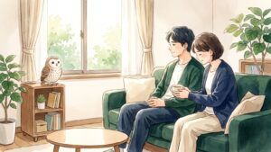 朝の光が差し込むリビングのソファで、家族がそっと寄り添い温かいお茶を差し出す水彩イラスト。棚の上にふくろうがとまっている
