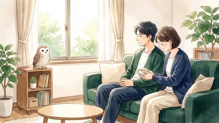 朝の光が差し込むリビングのソファで、家族がそっと寄り添い温かいお茶を差し出す水彩イラスト。棚の上にふくろうがとまっている