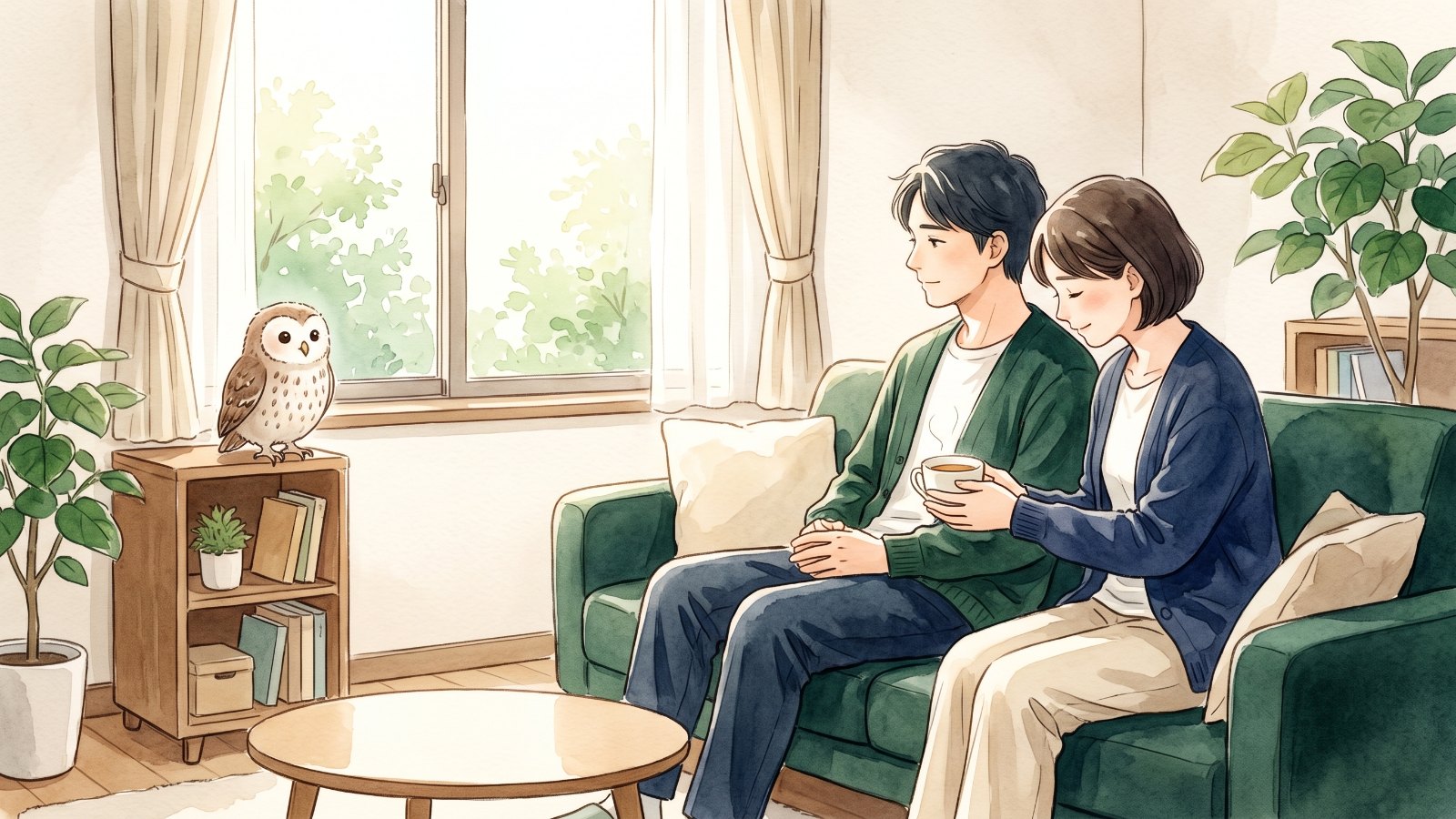 朝の光が差し込むリビングのソファで、家族がそっと寄り添い温かいお茶を差し出す水彩イラスト。棚の上にふくろうがとまっている