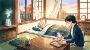 秋の夕方の和室で、布団で休む高齢の家族に、家族が温かい飲み物と体温計を用意している水彩画。窓辺の棚にはふくろうがいる