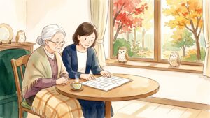 秋の日差しが入る居間で、ひざ掛けをかけた高齢の女性と娘がカレンダーを見ながら予防接種の予定を相談している水彩画。窓辺と棚にふくろうの置物がある