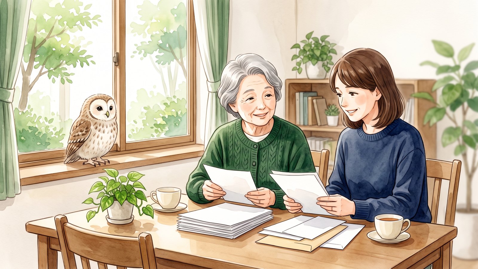 明るいリビングのテーブルで、年配の母親と娘が書類や領収書を一緒に整理し、窓辺のふくろうがやさしく見守る水彩画風のイラスト