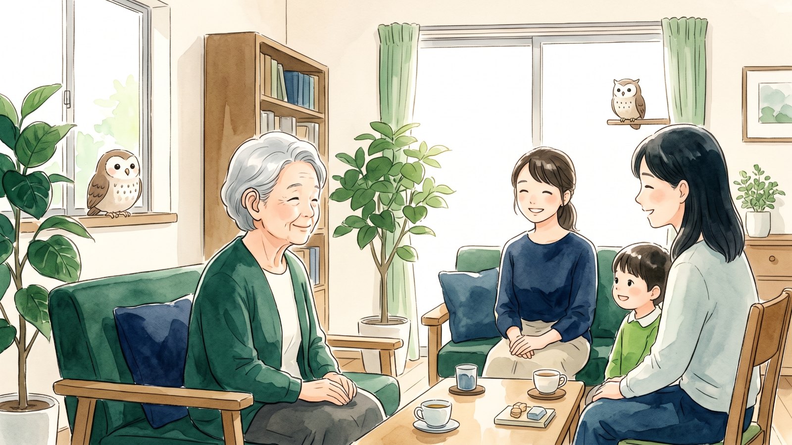 明るいリビングで高齢の女性と家族が穏やかに会話をしている水彩画風のイラスト。窓辺と棚にふくろうがとまっている
