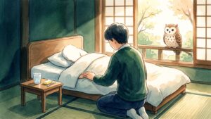 窓辺のふくろうが見守る、やわらかな光の差す和室で、ベッドに休む人にそっと手を添える家族の水彩イラスト