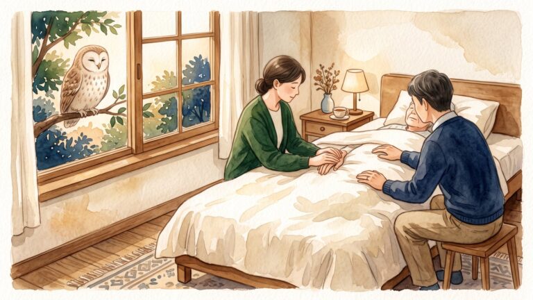 柔らかな光が差し込む寝室で、ベッドのそばの家族がそっと手を重ね、窓の外の枝からふくろうが見守っている水彩イラスト
