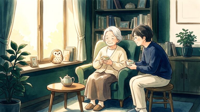 朝の光が差し込む居間で、窓辺の椅子に座った高齢の親に大人の子どもが寄り添い、お茶を飲みながら話を聴いている水彩画。窓辺にふくろうの置物がある