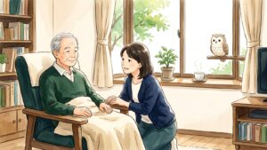 日差しの入る自宅のリビングで、ひざ掛けをかけて椅子に座る高齢の男性に、家族の女性が寄り添って話を聞いている水彩風のイラスト。窓辺の止まり木にふくろうがいる