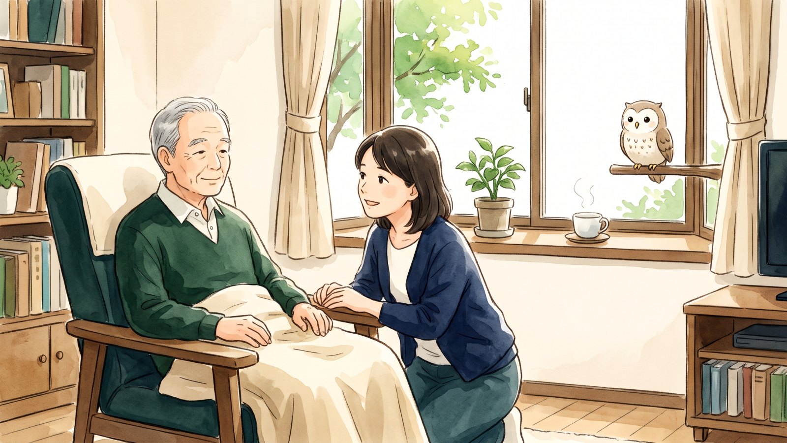 日差しの入る自宅のリビングで、ひざ掛けをかけて椅子に座る高齢の男性に、家族の女性が寄り添って話を聞いている水彩風のイラスト。窓辺の止まり木にふくろうがいる