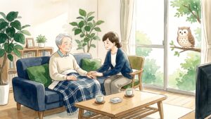 明るいリビングでソファにくつろぐ高齢の方の手に家族が手を添えて話を聞き、窓の外の枝からふくろうが見守る水彩イラスト