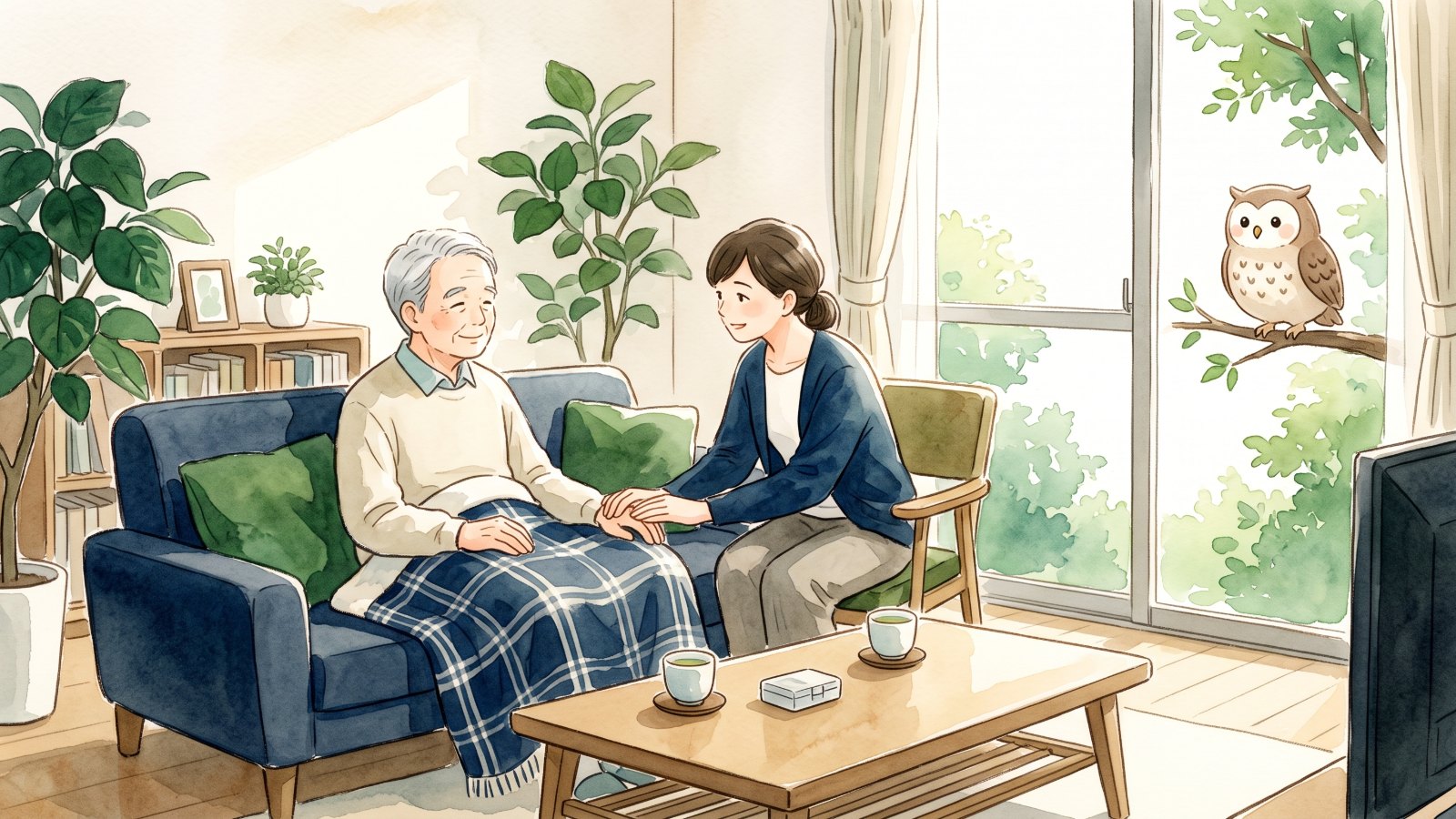 明るいリビングでソファにくつろぐ高齢の方の手に家族が手を添えて話を聞き、窓の外の枝からふくろうが見守る水彩イラスト