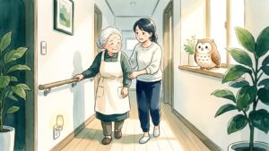 明るい廊下で手すりにつかまって歩く高齢の女性と、そばで見守る家族、窓辺のふくろうを描いた水彩風のイラスト