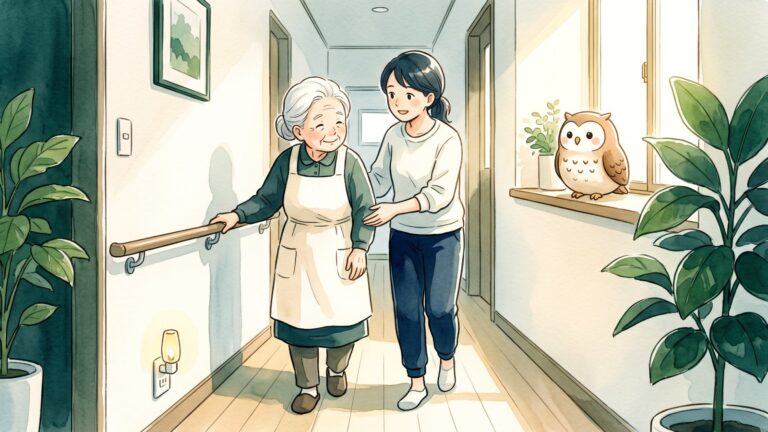 明るい廊下で手すりにつかまって歩く高齢の女性と、そばで見守る家族、窓辺のふくろうを描いた水彩風のイラスト