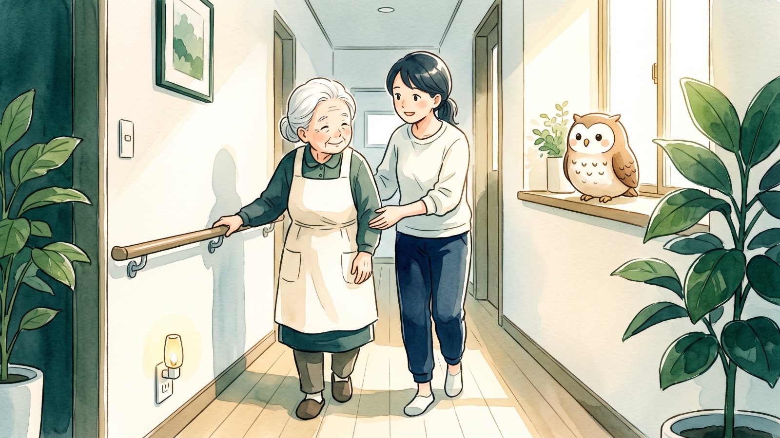 明るい廊下で手すりにつかまって歩く高齢の女性と、そばで見守る家族、窓辺のふくろうを描いた水彩風のイラスト