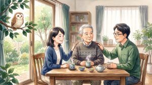 明るい食卓で、高齢の父親の肩にそっと手を添えて家族が穏やかに話し合い、窓の外の枝にふくろうがとまっている水彩イラスト