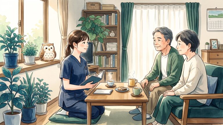 自宅の居間で、訪問した看護師がお茶を前に住人と家族と穏やかに話し、窓辺にふくろうがいる水彩イラスト