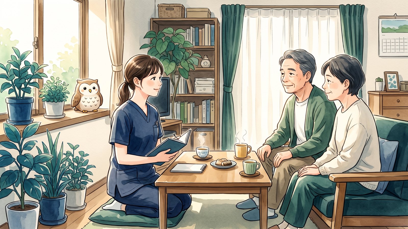 自宅の居間で、訪問した看護師がお茶を前に住人と家族と穏やかに話し、窓辺にふくろうがいる水彩イラスト
