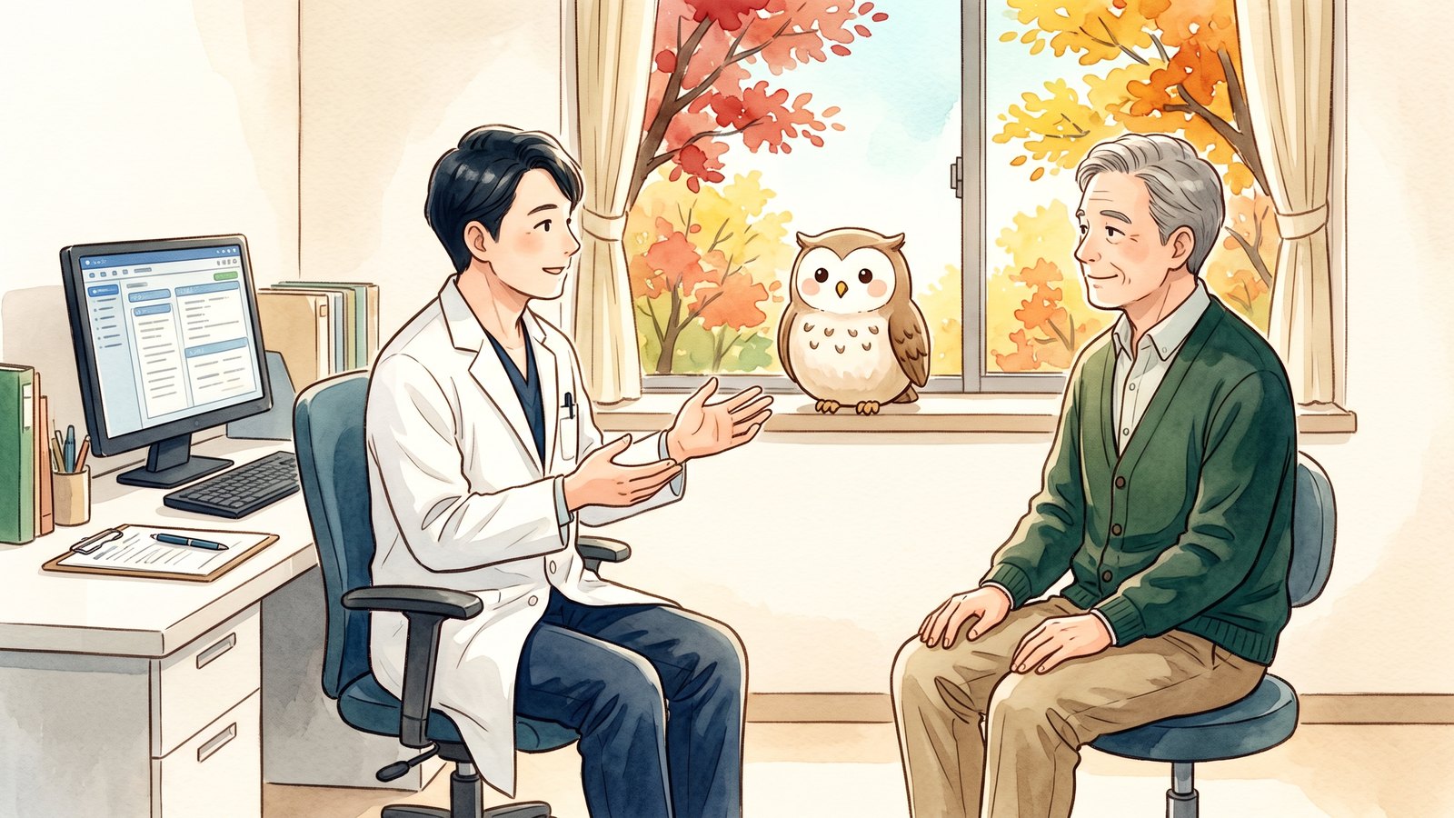 秋の日差しが入る診察室で、高齢の男性が医師の説明を穏やかに聞いている水彩イラスト。窓辺にふくろうがとまっている