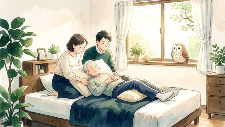 明るい寝室で、ベッドに横になる高齢の方に家族がクッションを添えている水彩画。窓辺でふくろうが見守っている