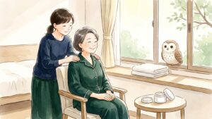 朝の光が差し込む部屋で、家族が椅子に座った治療中の人の肩にそっと手を添え、窓辺のふくろうが見守る水彩風のイラスト