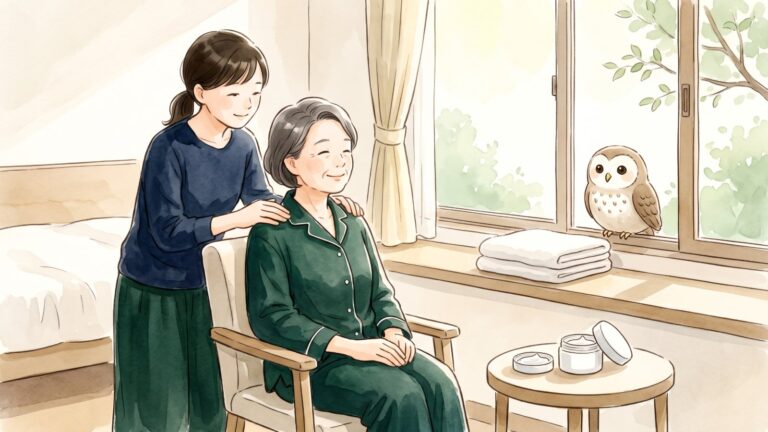 朝の光が差し込む部屋で、家族が椅子に座った治療中の人の肩にそっと手を添え、窓辺のふくろうが見守る水彩風のイラスト