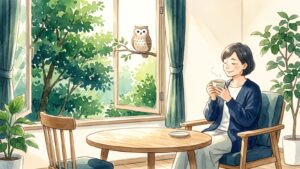 午後の窓辺で椅子に座り、温かいお茶を飲んでひと休みする介護中の家族と、窓の外の枝にとまるふくろうを描いた水彩風のイラスト