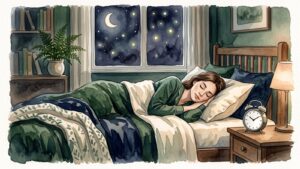 夜の寝室でベッドに横になり穏やかに眠る女性の水彩イラスト。窓の外に三日月と星、枕元に目覚まし時計。