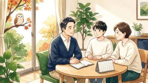 秋の日差しが入るリビングで、家族がテーブルにノートとカレンダーを広げて穏やかに話し合い、窓の外の木の枝からふくろうが見守る水彩イラスト