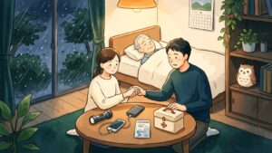 雨と風が強まる夕方の部屋で、家族が懐中電灯・モバイルバッテリー・薬・救急箱を机にそろえて台風に備え、奥のベッドで高齢の家族が休み、棚の上からふくろうが見守る水彩イラスト