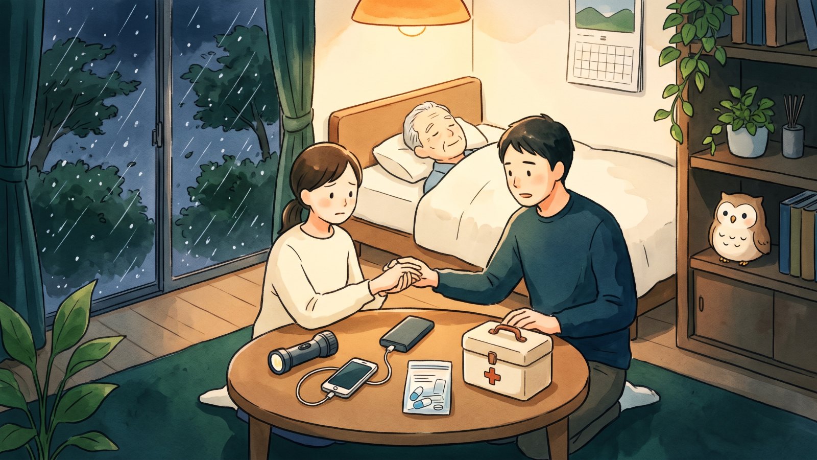 雨と風が強まる夕方の部屋で、家族が懐中電灯・モバイルバッテリー・薬・救急箱を机にそろえて台風に備え、奥のベッドで高齢の家族が休み、棚の上からふくろうが見守る水彩イラスト