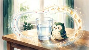 窓辺のテーブルに置かれた水のグラスと、そのそばでほほえむふくろう。小さな赤い粒が金色・琥珀色のしずくへと色を変えながらグラスのまわりを流れる水彩イラスト